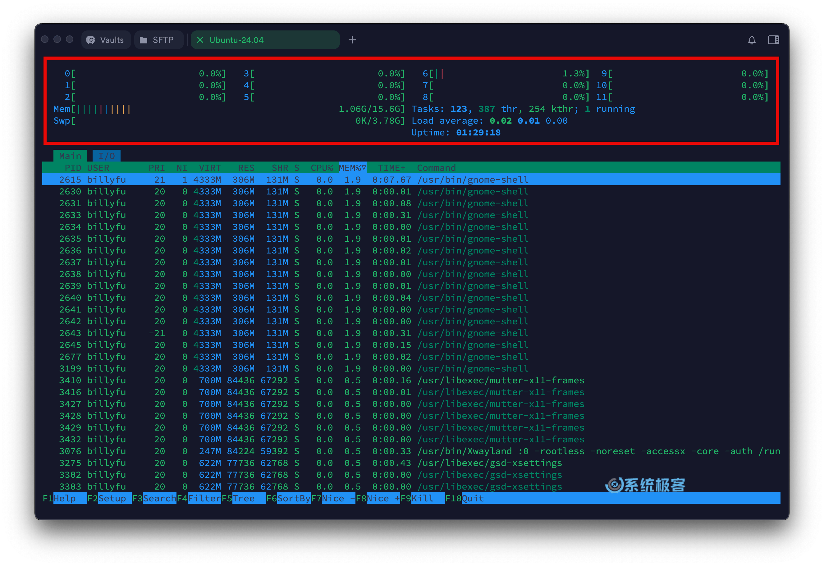 htop 命令：顶部仪表板