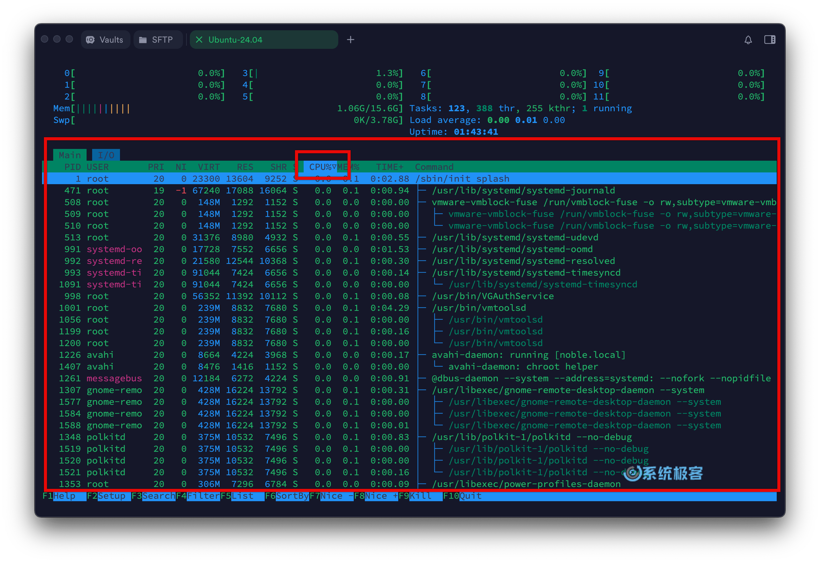 htop 命令：主进程界面