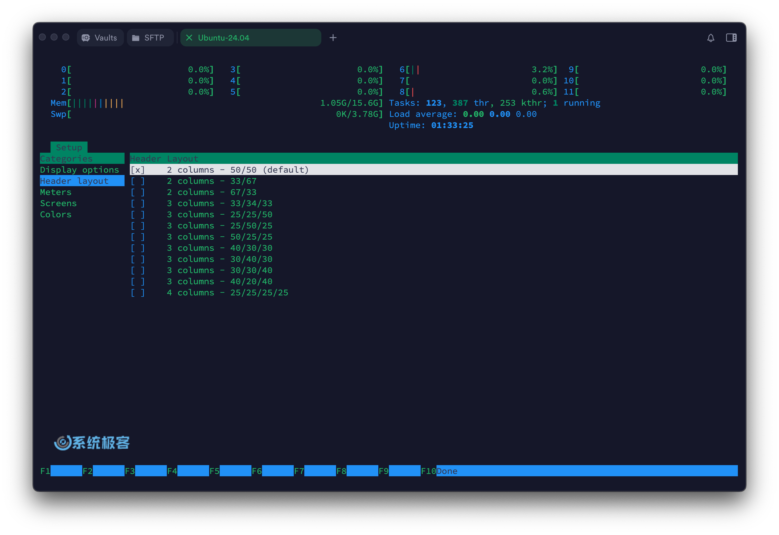 htop 命令：自定义顶部布局